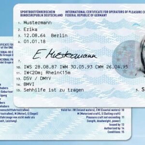 Front and back of a German international boat license card with a woman’s photo and blue wavy background; shows owner name Erika Musterfrau and issuing details (signature visible).