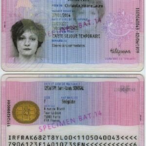 Front and back of a pink-blue ID card with a woman's portrait and the name MARTIN. Specimen stamp visible.