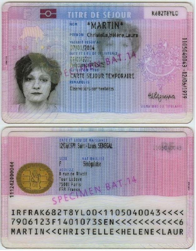Französischen Aufenthaltstitel kaufen - DokumentenBeratung Front and back of a pink-blue ID card with a woman's portrait and the name MARTIN. Specimen stamp visible.