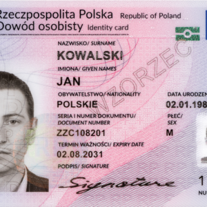 Polish identity card showing Kowalski Jan, born 02.01.1981, Polish citizen, document ZZC108201, expires 02.08.2031, male; large photo left and small photo right with EU flag.