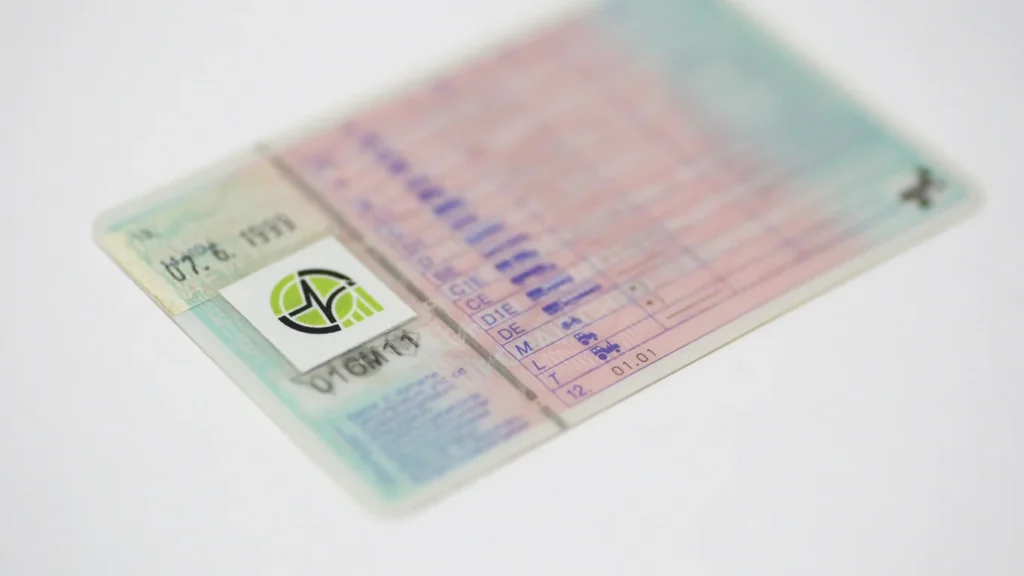 Close-up of a plastic identification card with a green circular logo on the left and a pink-blue gradient background on the right.